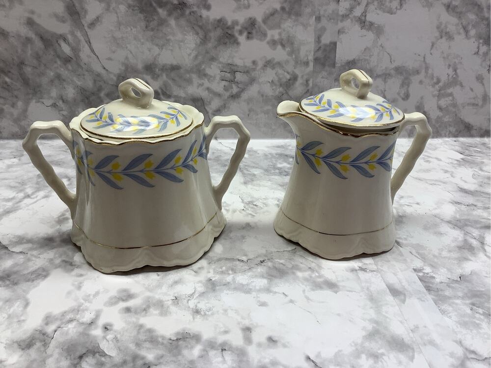Vintage WS George Radisson Sugar Bowl & Creamer - YellowTulips w/blue leaves